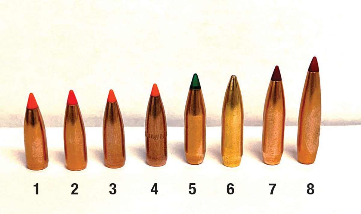 Allman and Stout’s loads were loaded with: (1) Nosler’s 50-grain Ballistic Tip Varmint (BTV), (2) Hornady’s 53-grain V-MAX, (3) Nosler’s 55- and (4) 60-grain BTV, (5) Sierra’s 64-grain Tipped GameKing, (6) RMR Bullet’s 69-grain 3-Gun Hunter, (7) Hornady’s 73- and (8) 75-grain ELD Match.